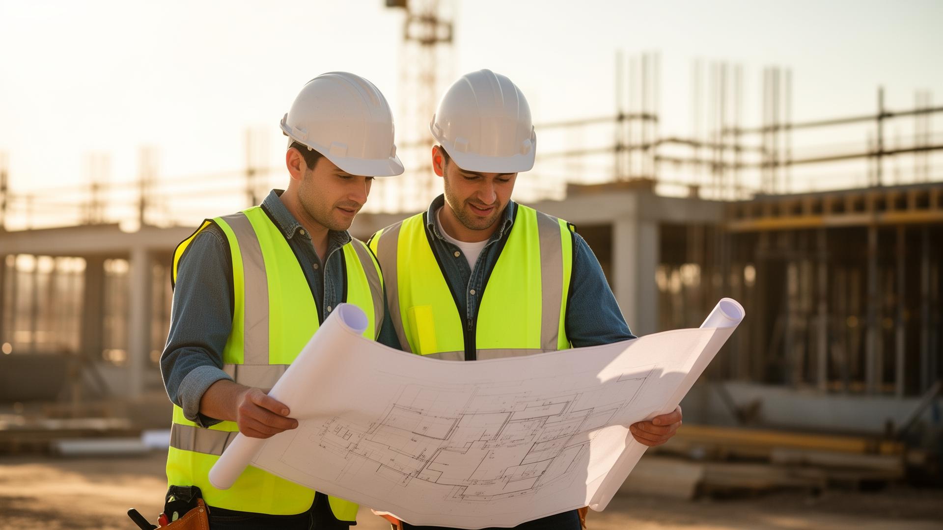 Engineers reviewing blueprints on site